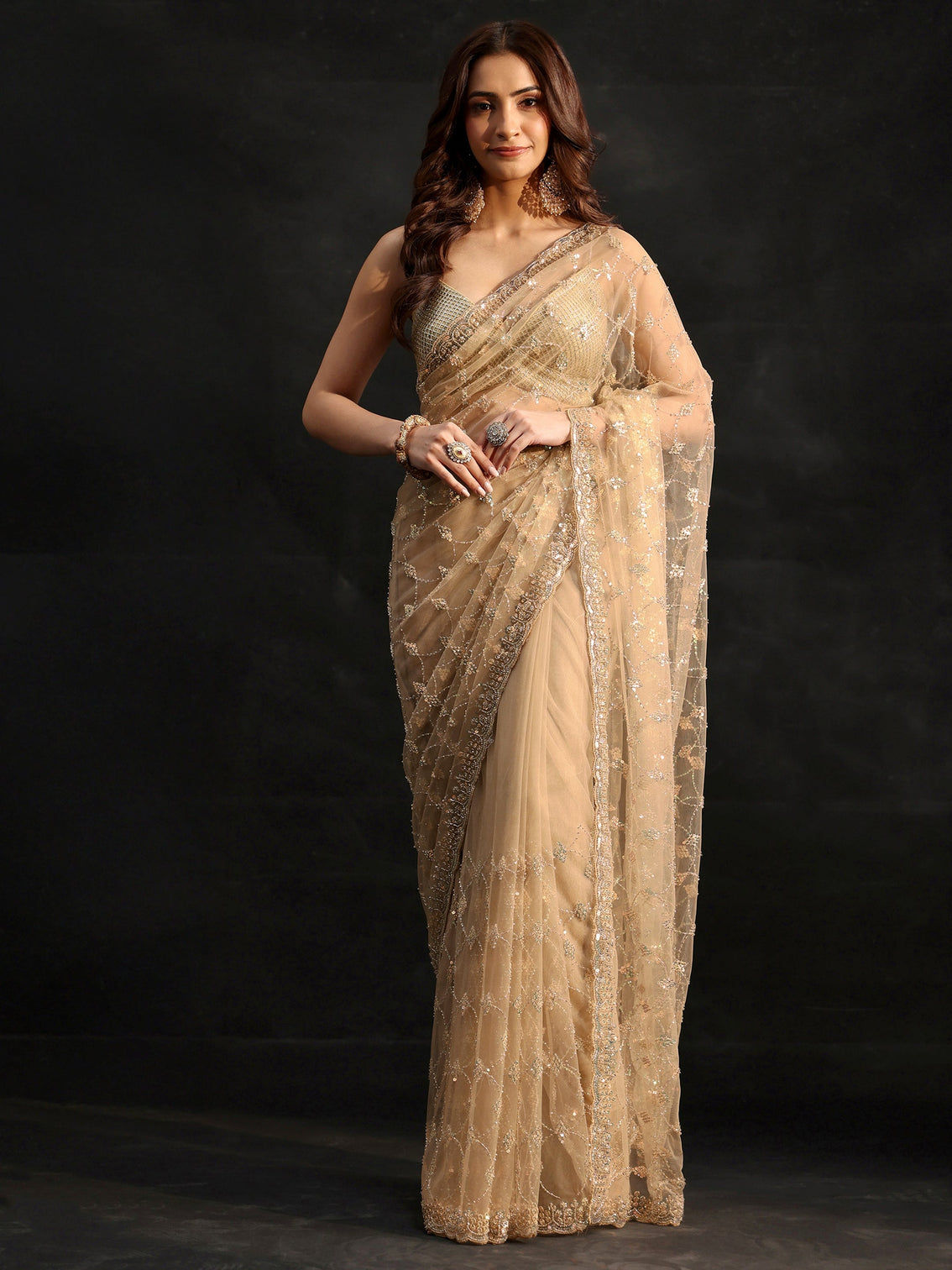 Mameraa Gold Stone Embellished Net Saree