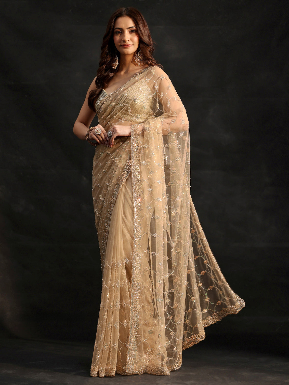 Mameraa Gold Stone Embellished Net Saree