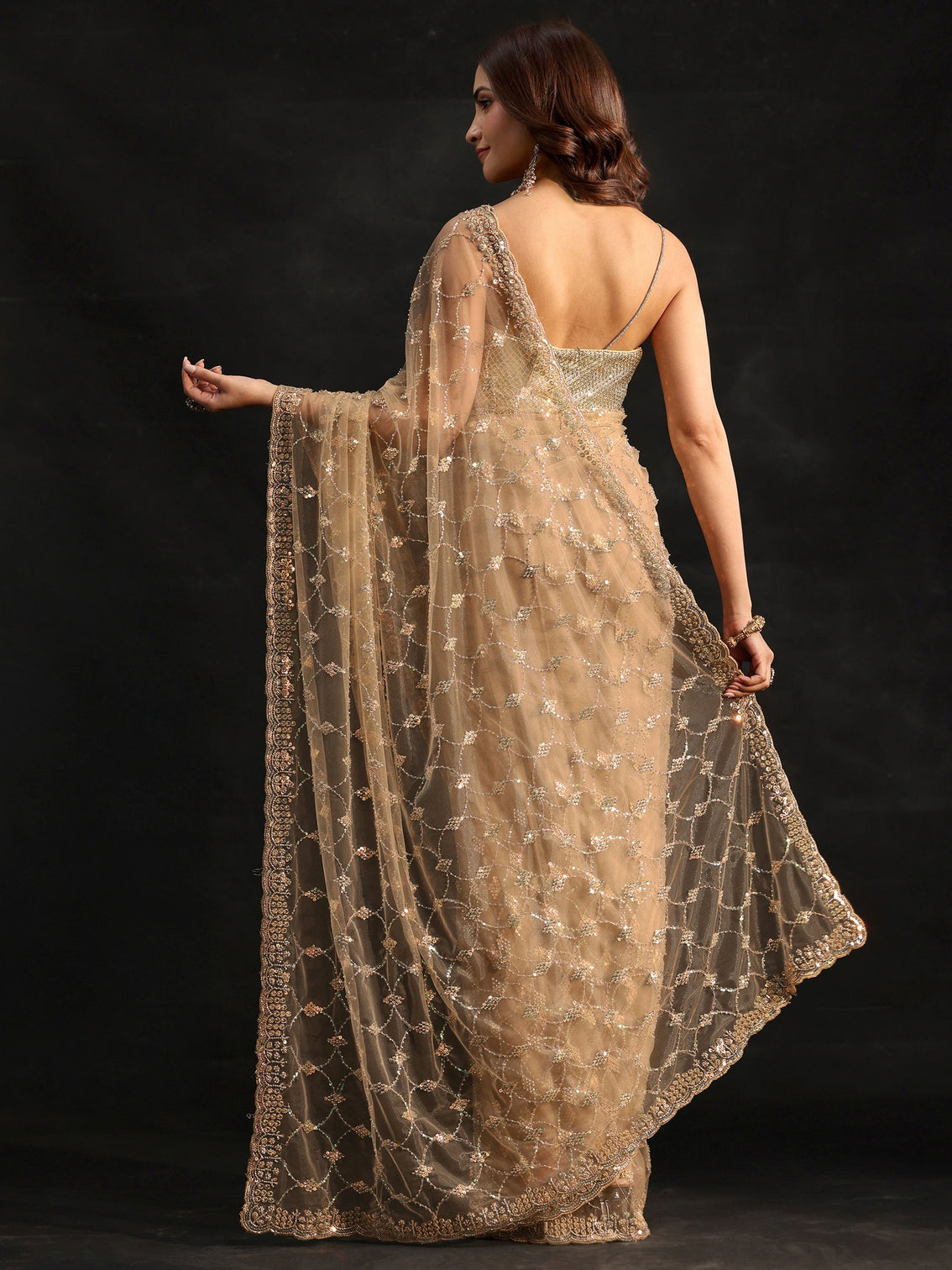Mameraa Gold Stone Embellished Net Saree