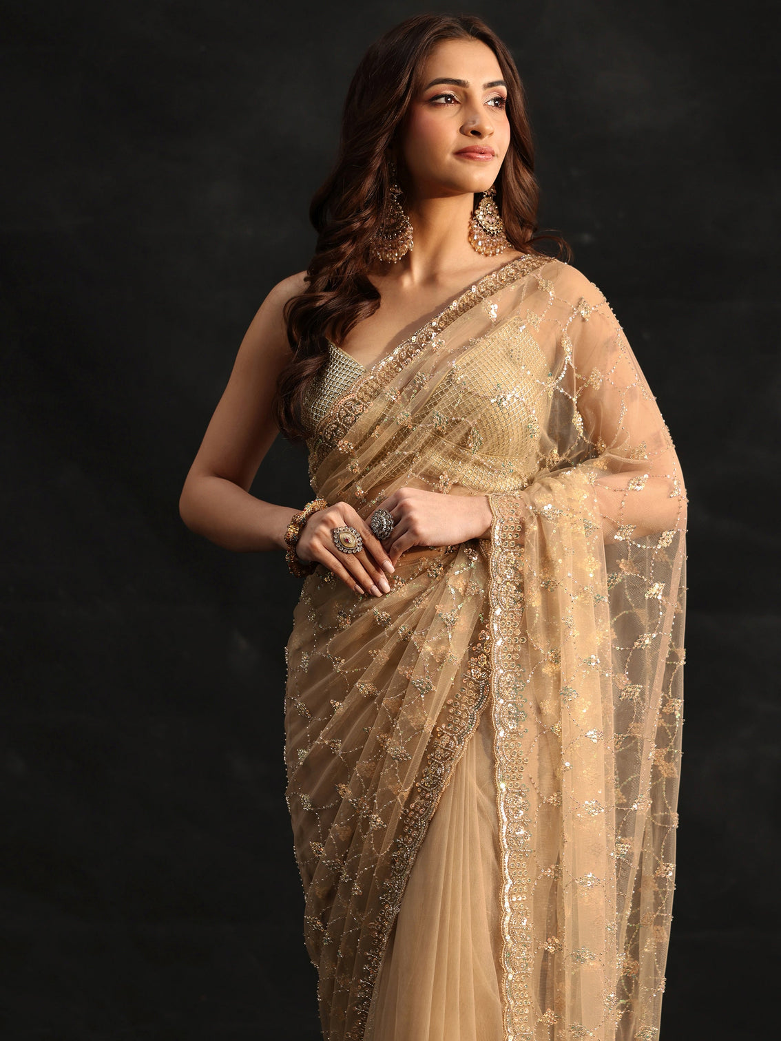 Mameraa Gold Stone Embellished Net Saree