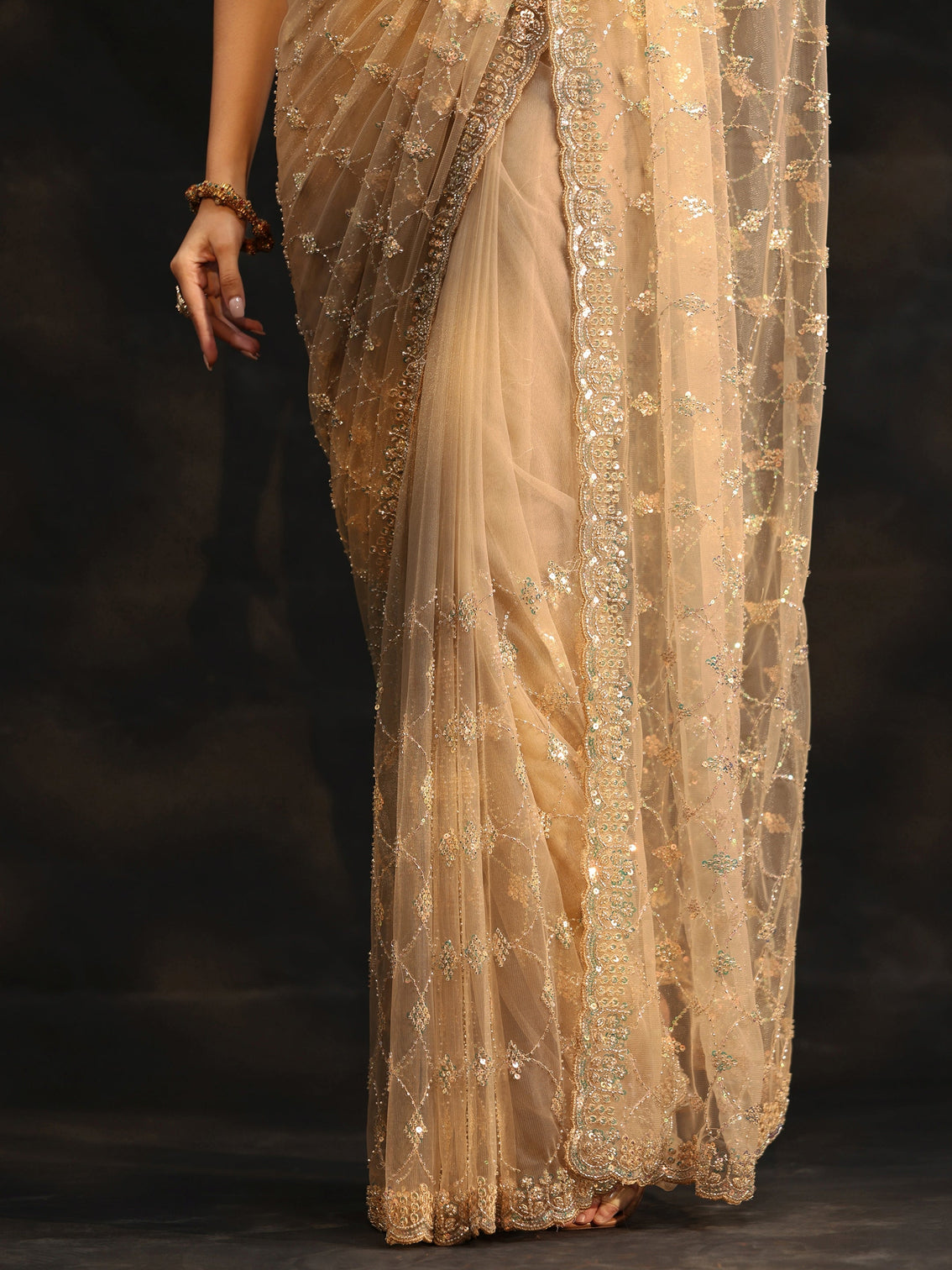 Mameraa Gold Stone Embellished Net Saree