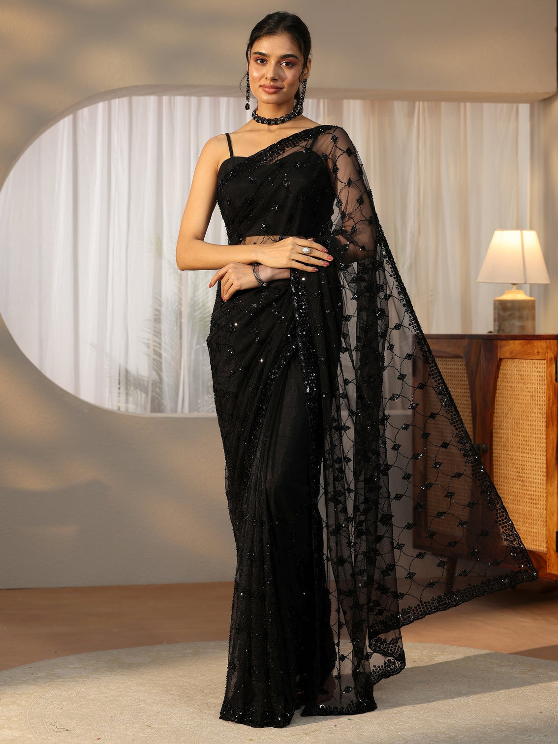 Mameraa Black Sequin Embellished Net Saree