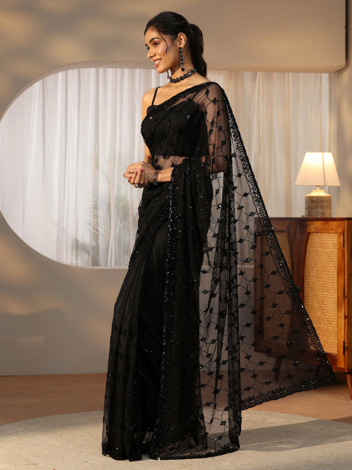 Mameraa Black Sequin Embellished Net Saree