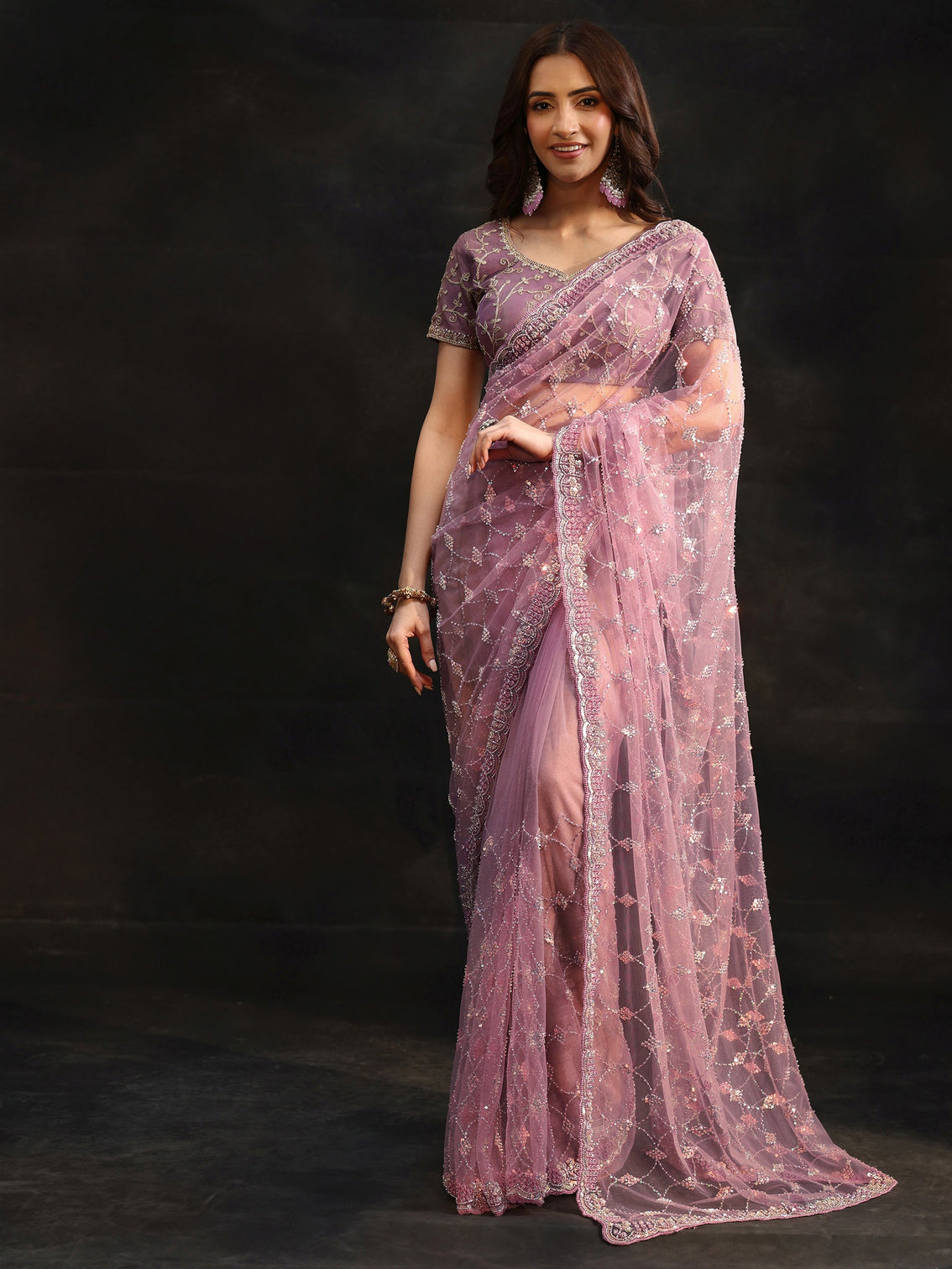Mameraa Lavender Stone Embellished Net Saree