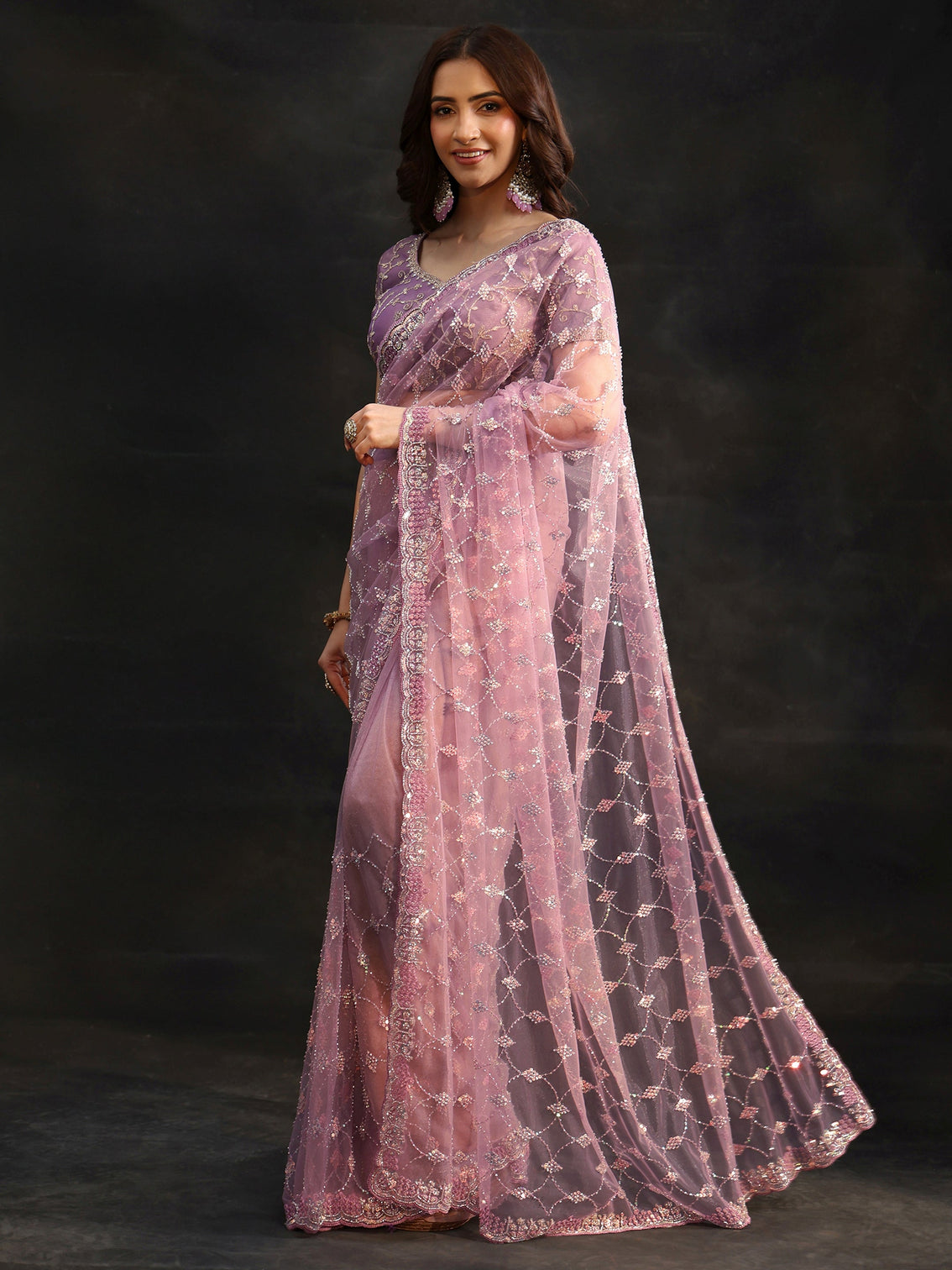 Mameraa Lavender Stone Embellished Net Saree