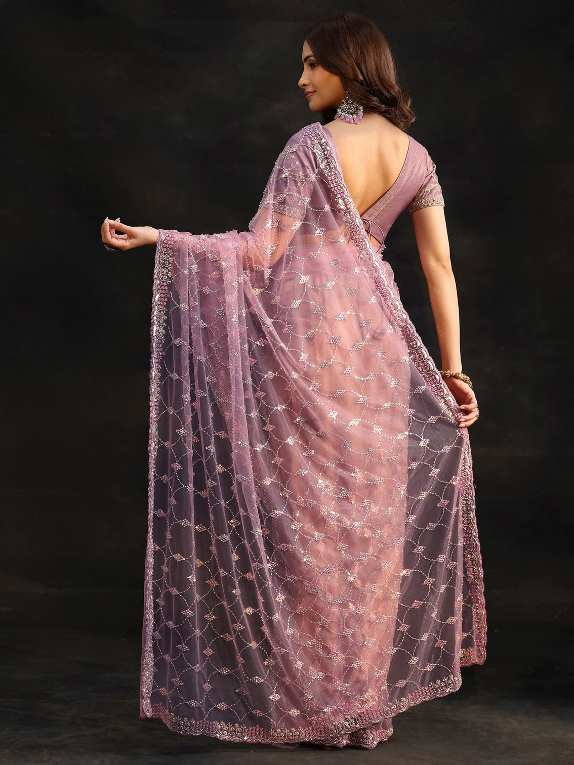 Mameraa Lavender Stone Embellished Net Saree