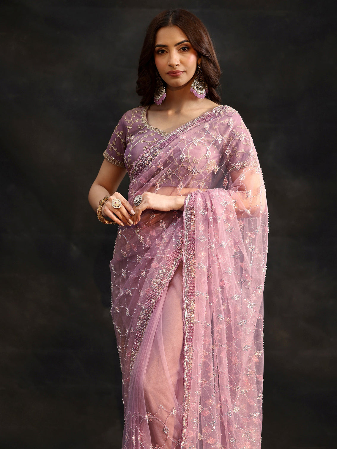 Mameraa Lavender Stone Embellished Net Saree