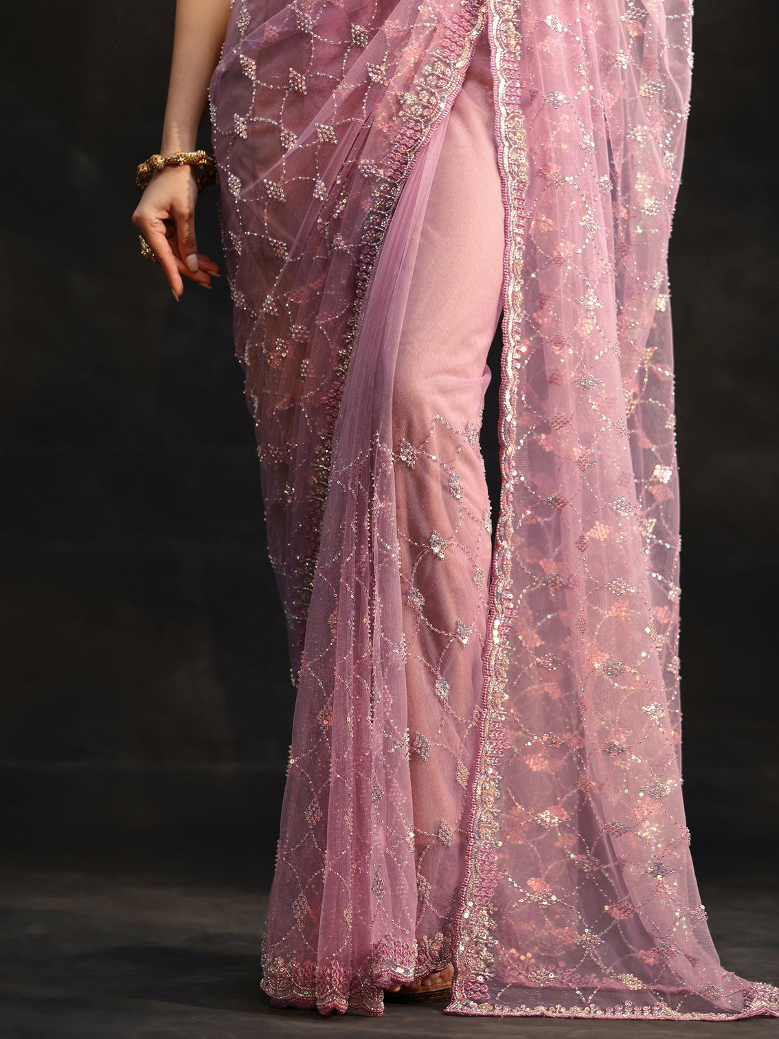 Mameraa Lavender Stone Embellished Net Saree