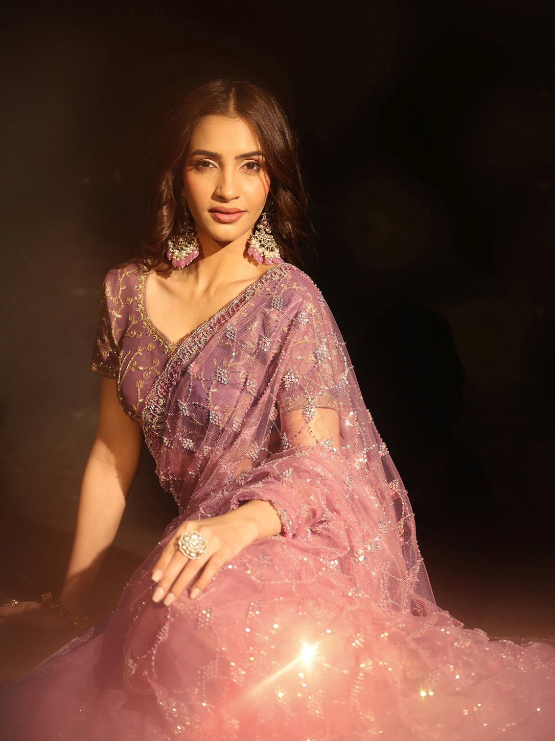 Mameraa Lavender Stone Embellished Net Saree