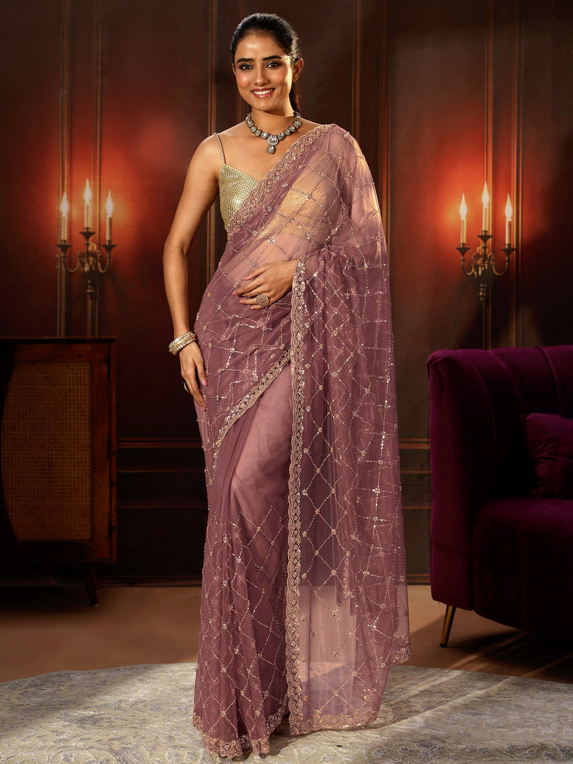 Mameraa Mauve Embellished Jaal Work Net Saree