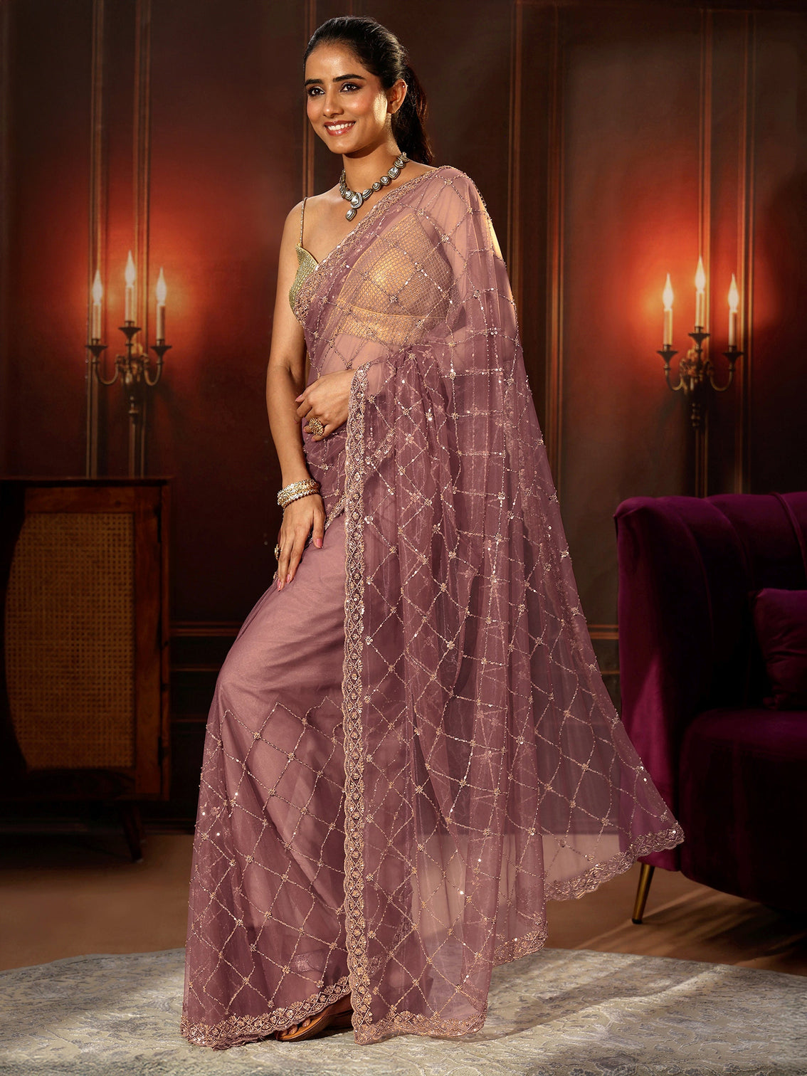 Mameraa Mauve Embellished Jaal Work Net Saree