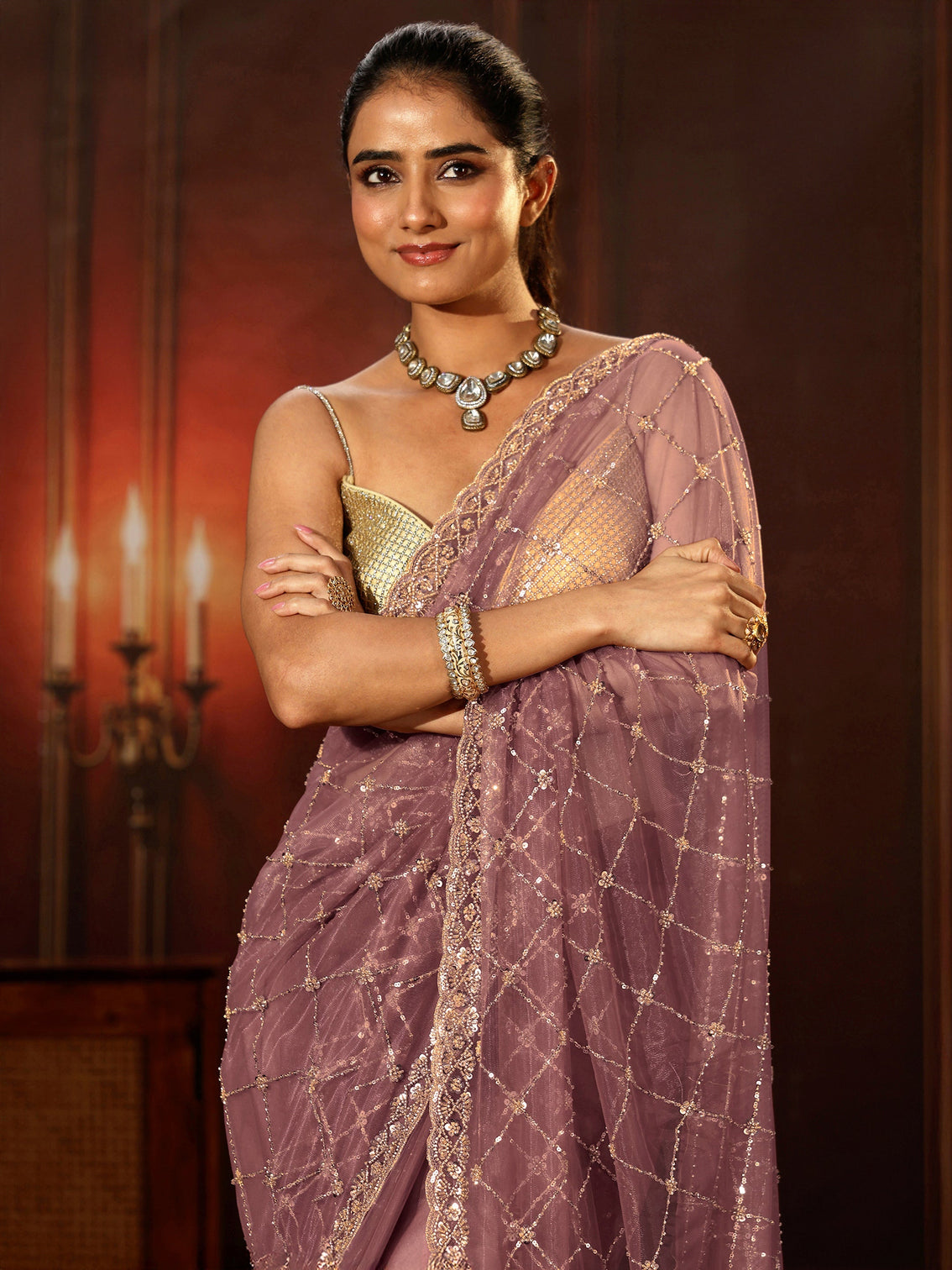 Mameraa Mauve Embellished Jaal Work Net Saree