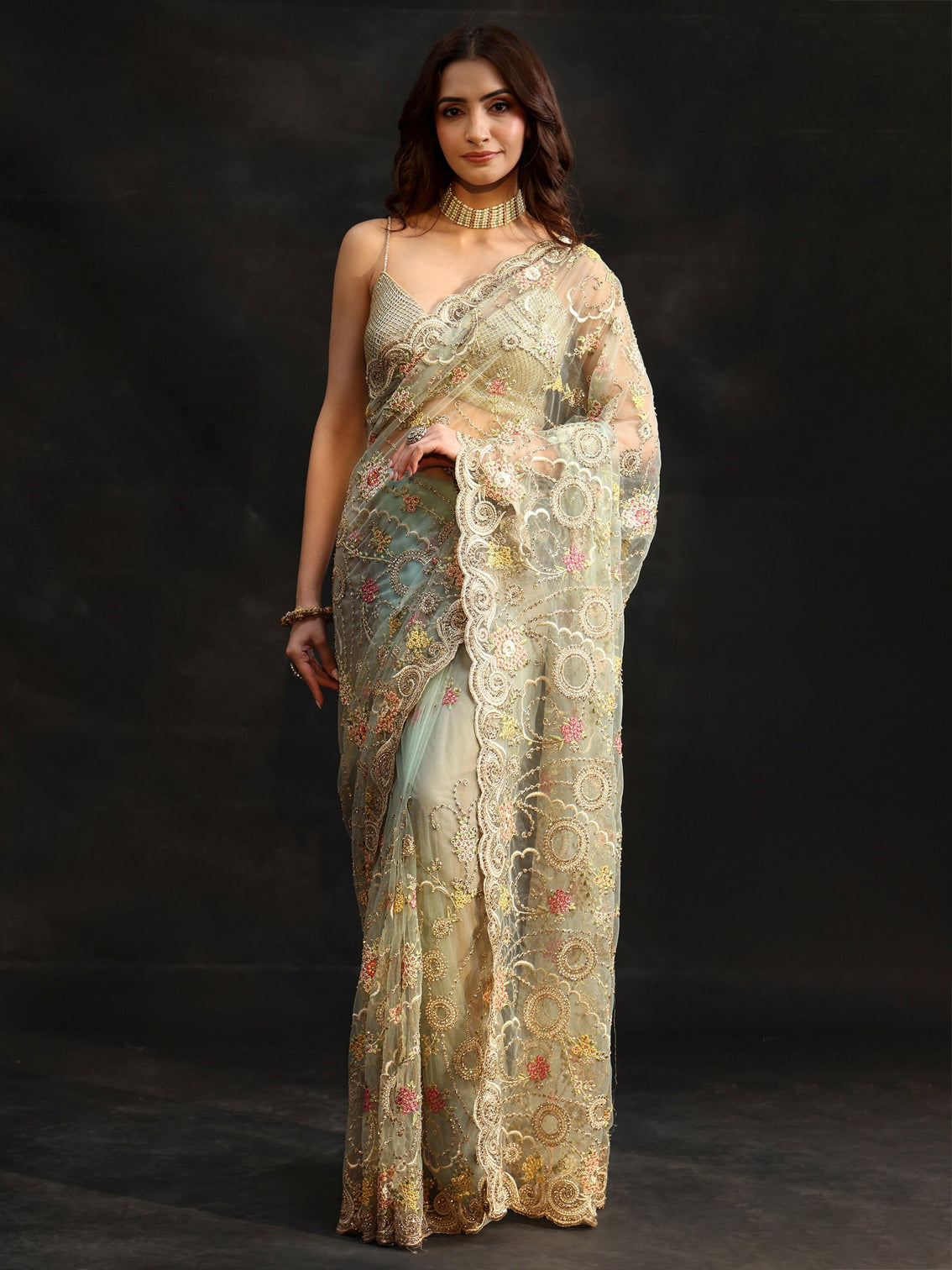 Mameraa Periwinkle Blue Floral Embroidered Net Saree