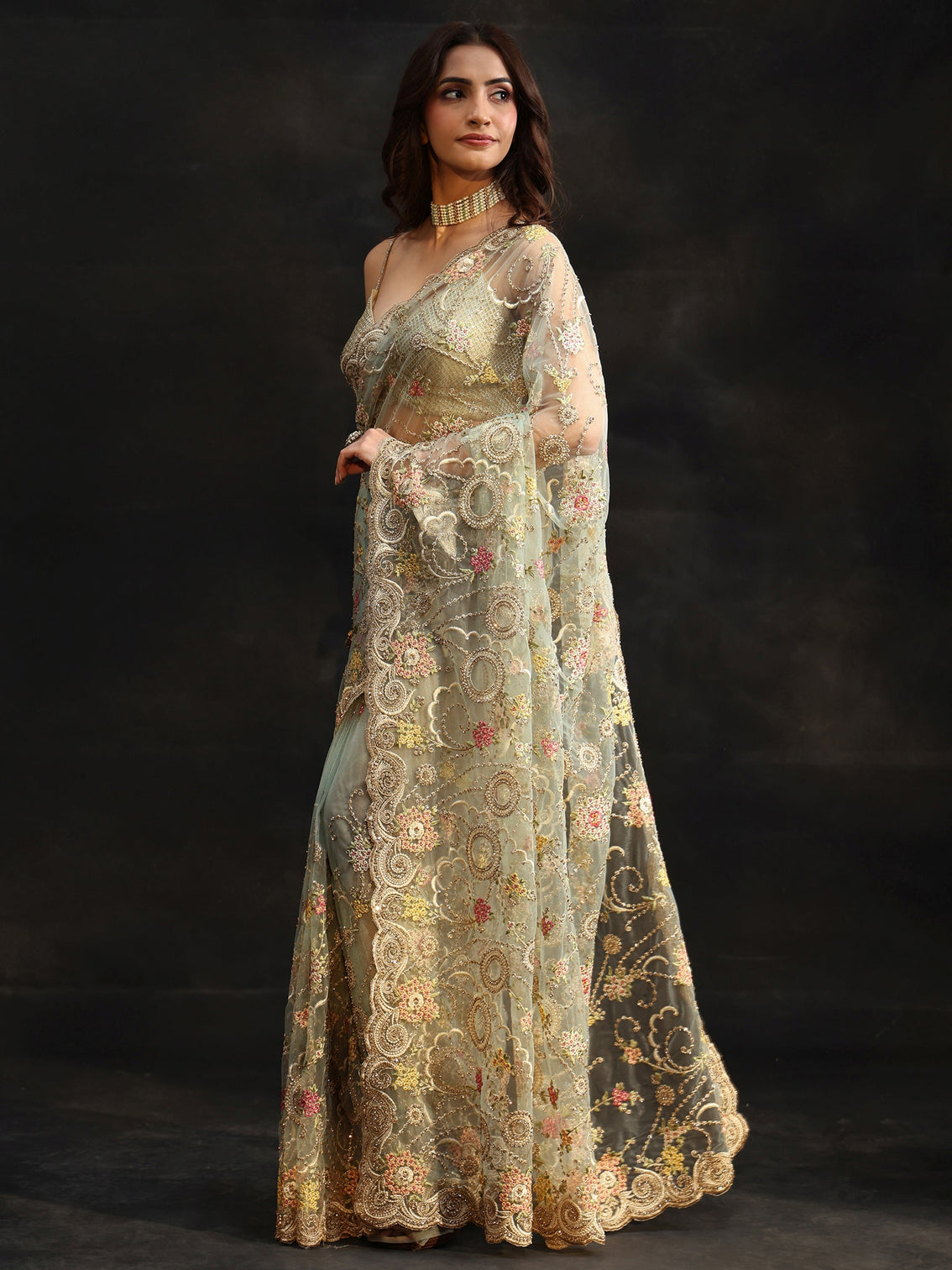 Mameraa Periwinkle Blue Floral Embroidered Net Saree