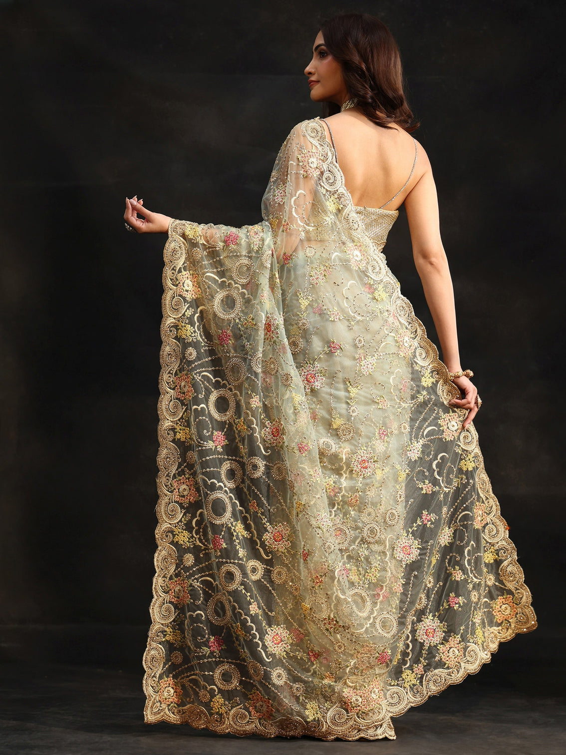 Mameraa Periwinkle Blue Floral Embroidered Net Saree