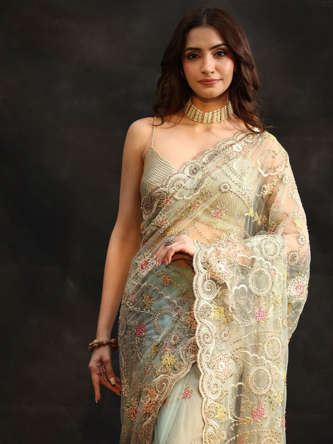 Mameraa Periwinkle Blue Floral Embroidered Net Saree