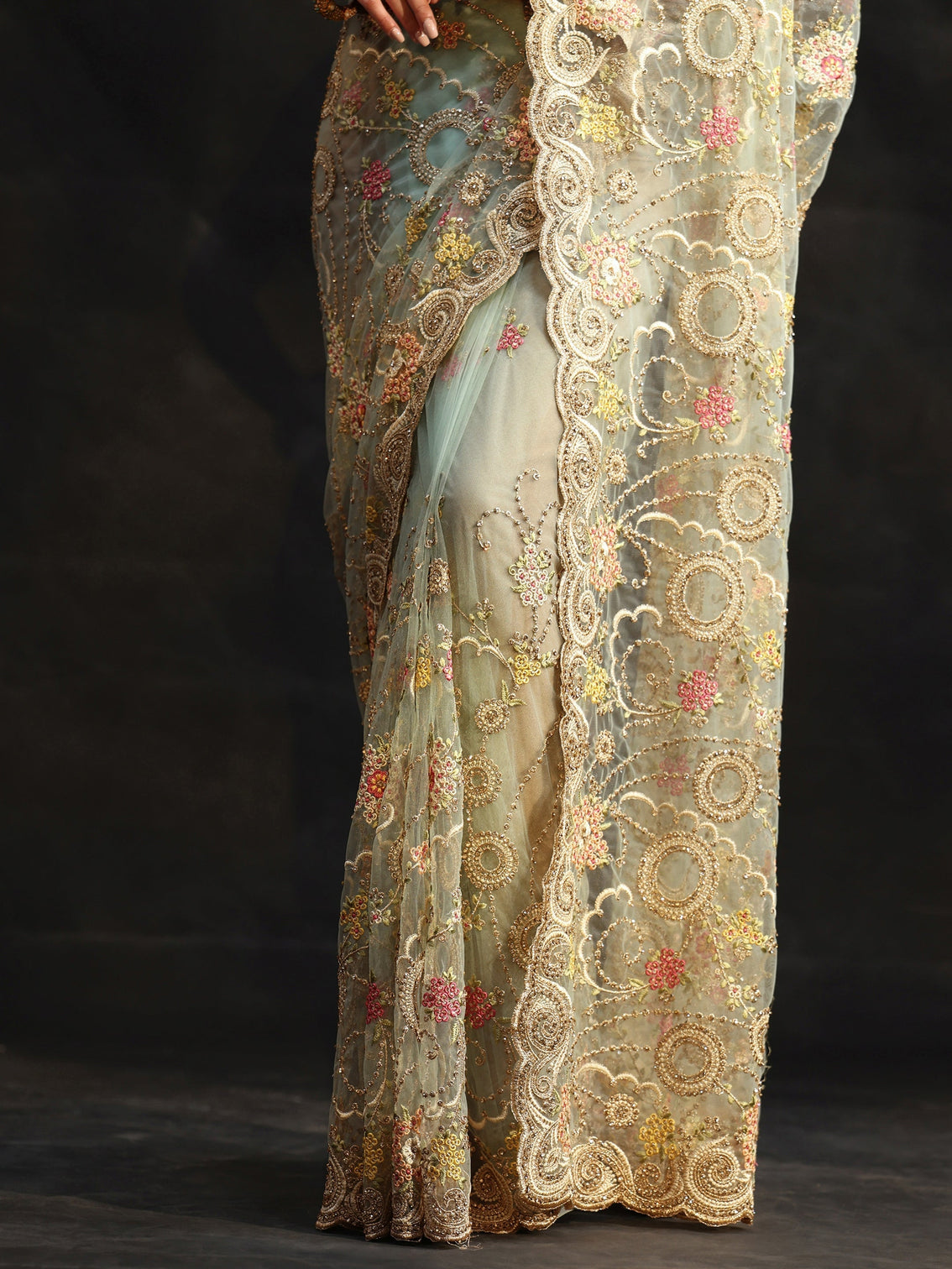 Mameraa Periwinkle Blue Floral Embroidered Net Saree