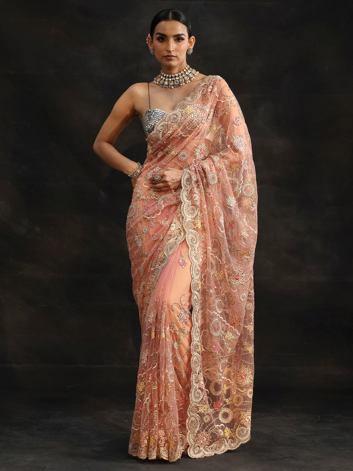 Mameraa Peach Floral Embroidered Net Saree