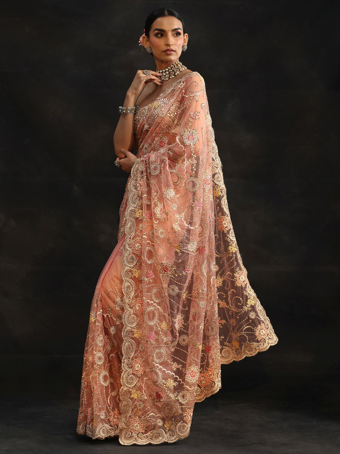 Mameraa Peach Floral Embroidered Net Saree