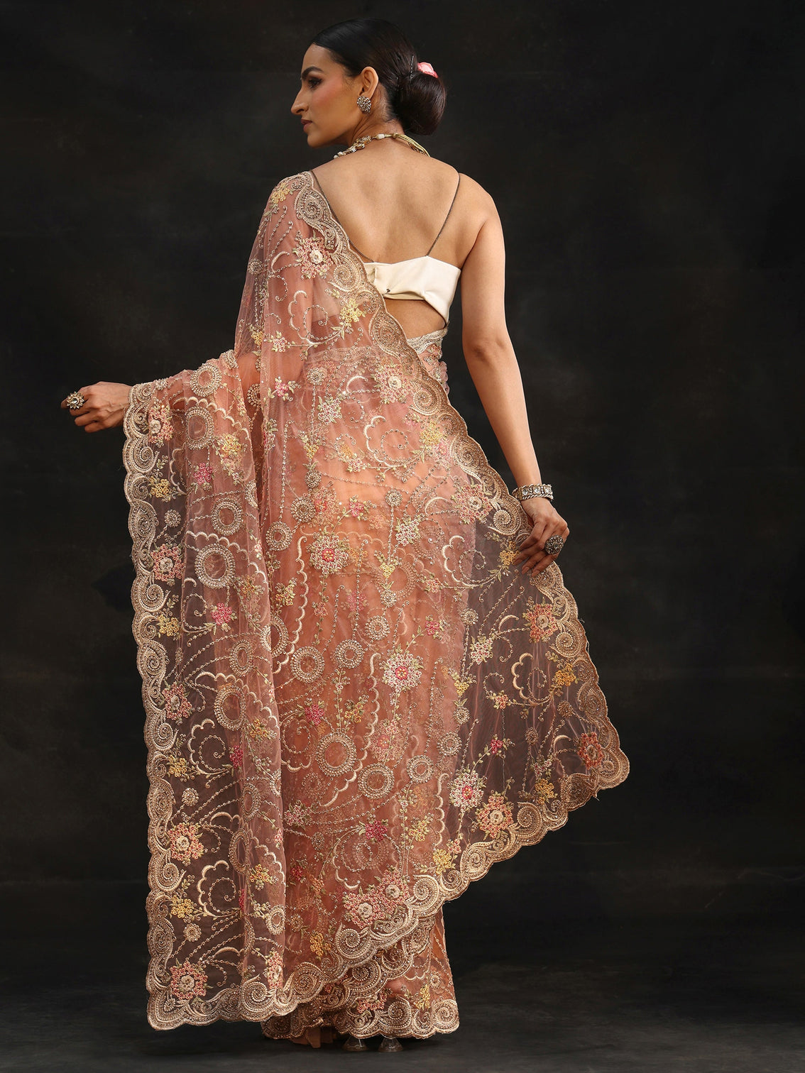 Mameraa Peach Floral Embroidered Net Saree