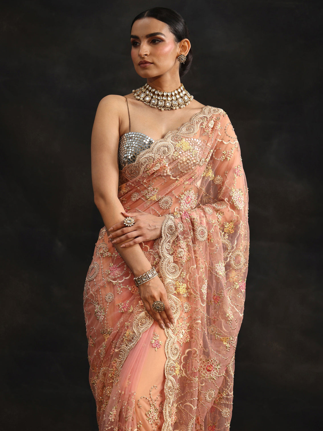 Mameraa Peach Floral Embroidered Net Saree