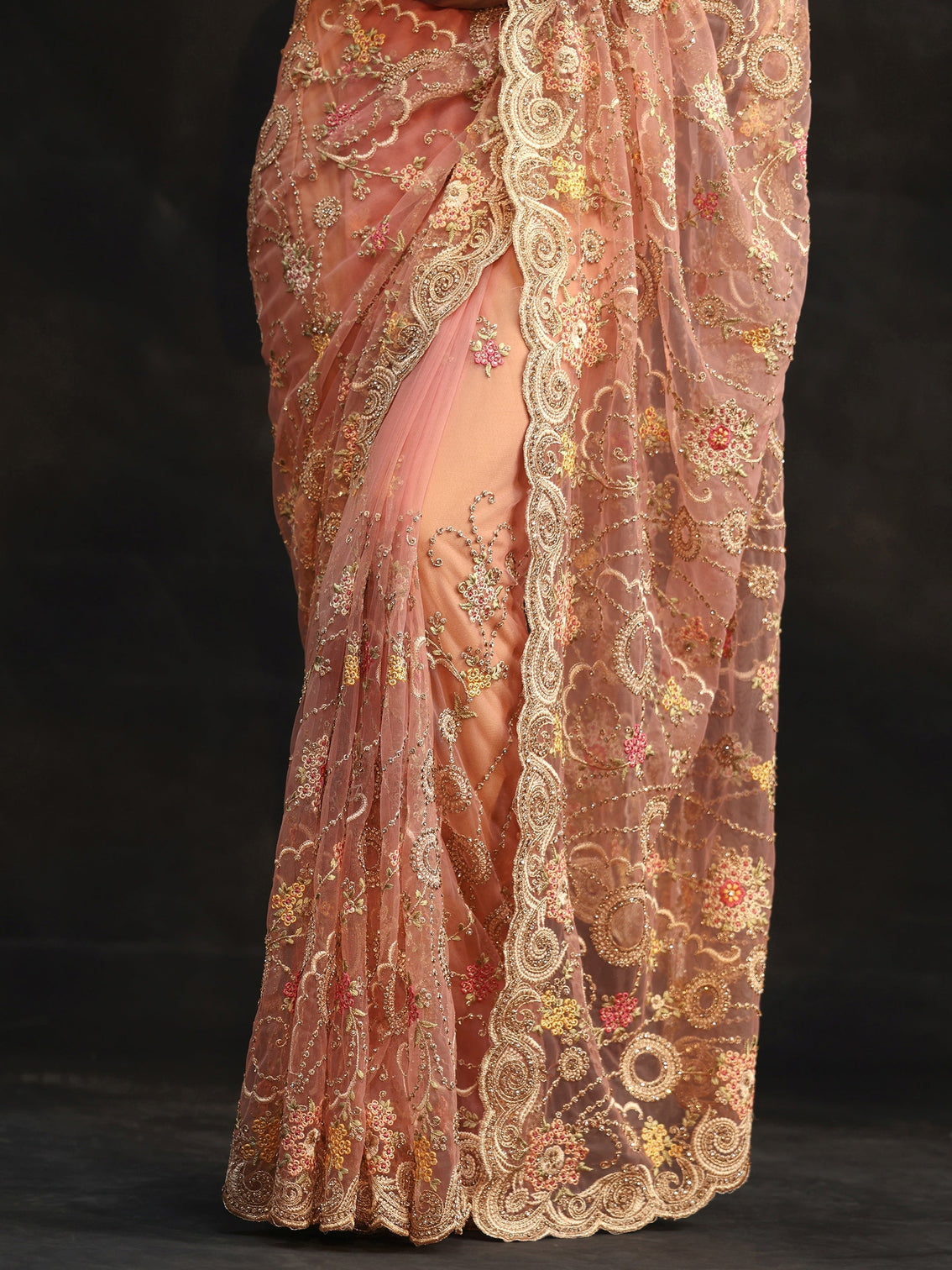 Mameraa Peach Floral Embroidered Net Saree