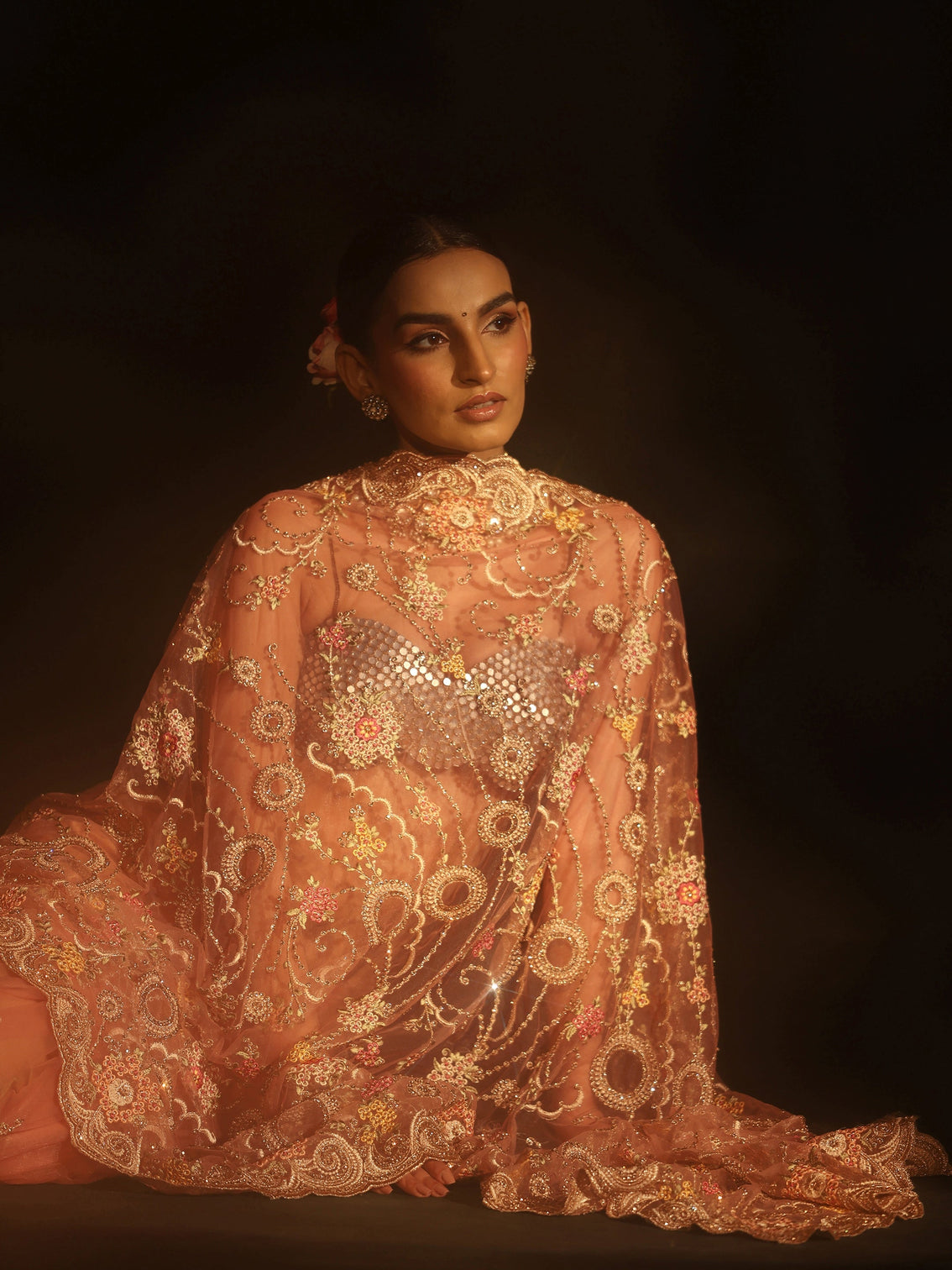 Mameraa Peach Floral Embroidered Net Saree