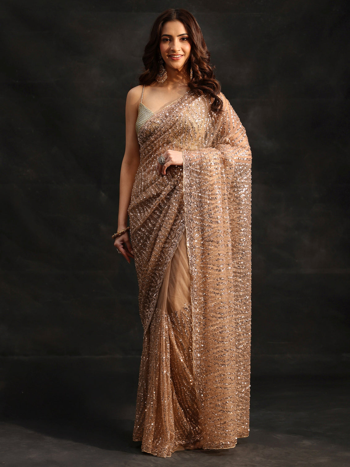 Mameraa Gold Bead and Sequin Embellished Net Saree