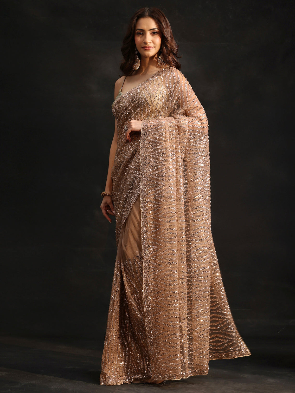 Mameraa Gold Bead and Sequin Embellished Net Saree