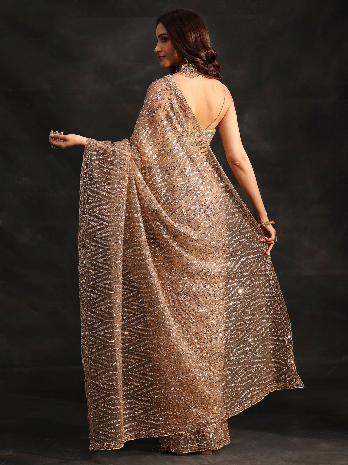 Mameraa Gold Bead and Sequin Embellished Net Saree