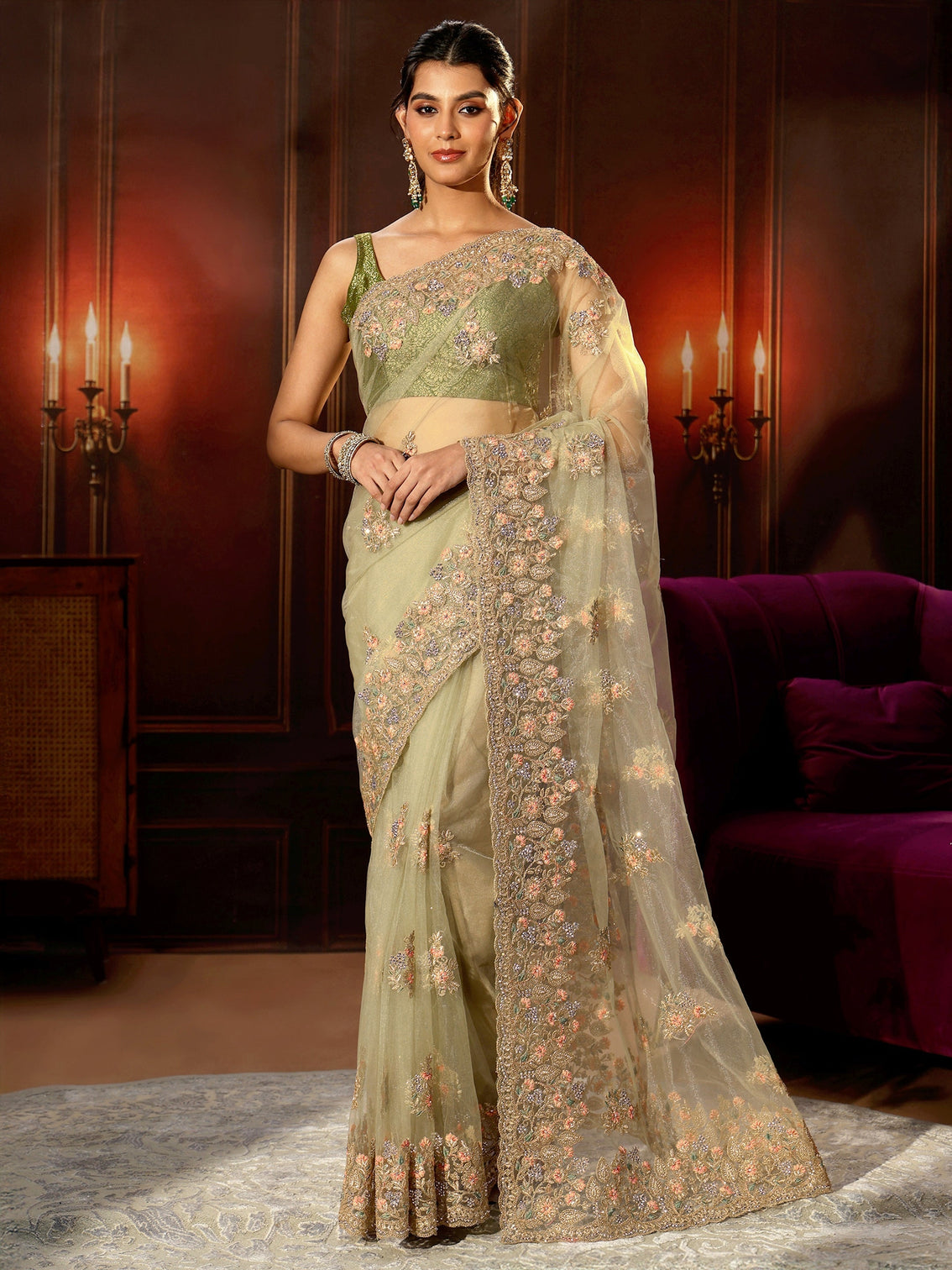 Mameraa Pista Green Floral Embroidered Net Saree
