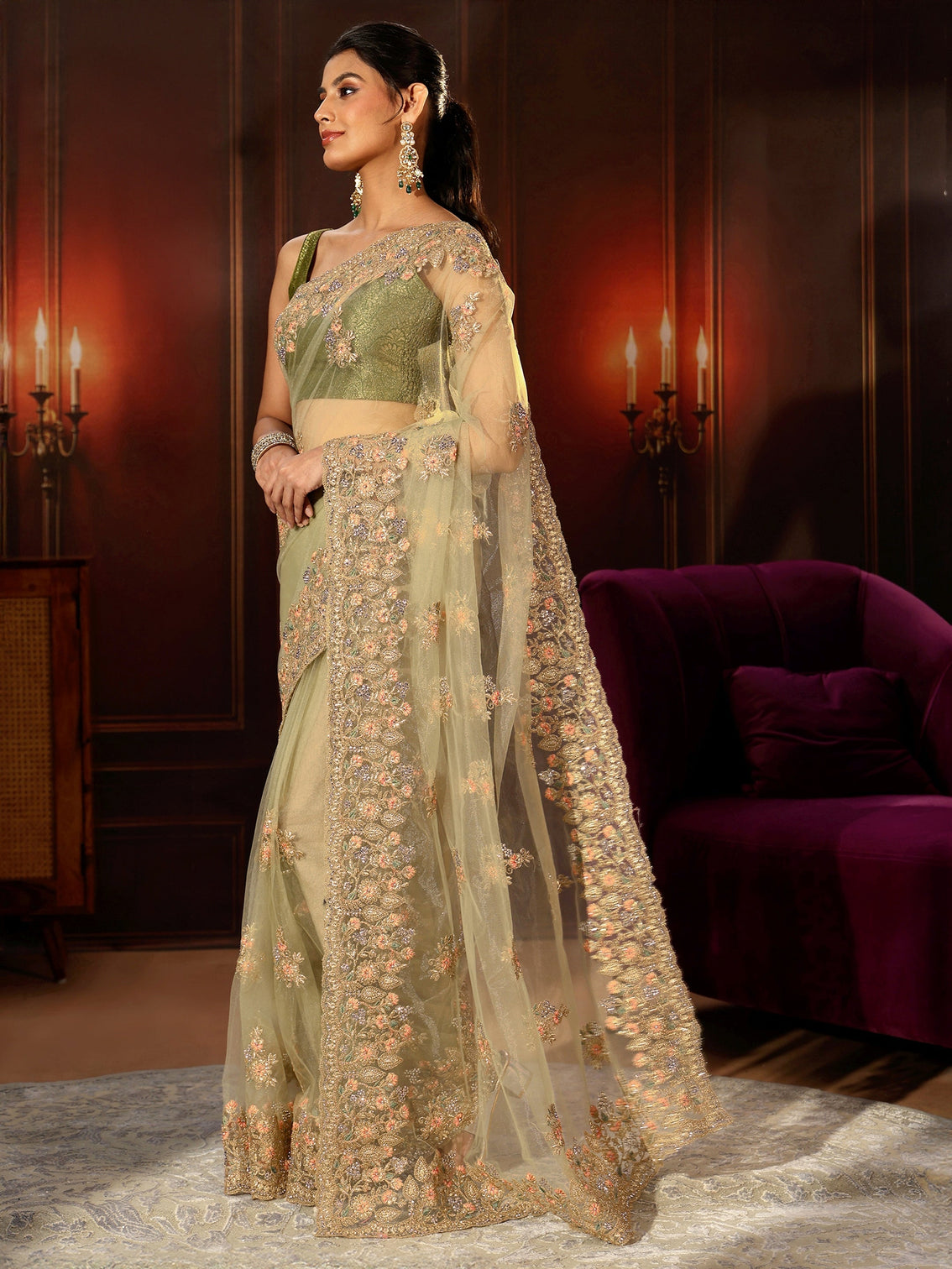 Mameraa Pista Green Floral Embroidered Net Saree