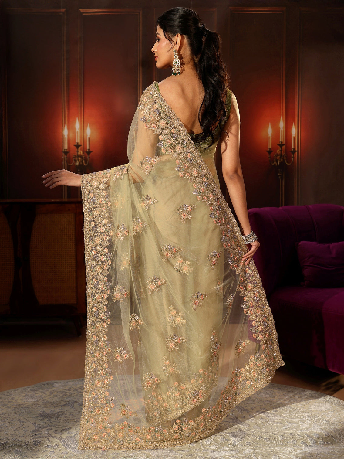 Mameraa Pista Green Floral Embroidered Net Saree