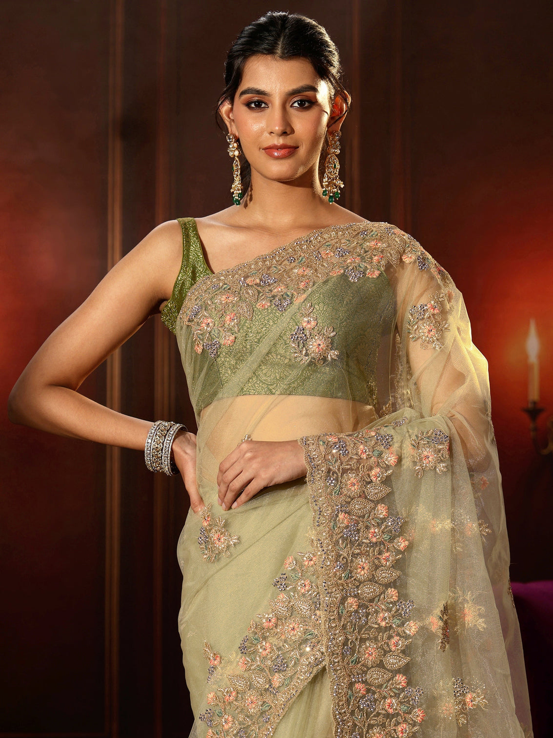 Mameraa Pista Green Floral Embroidered Net Saree