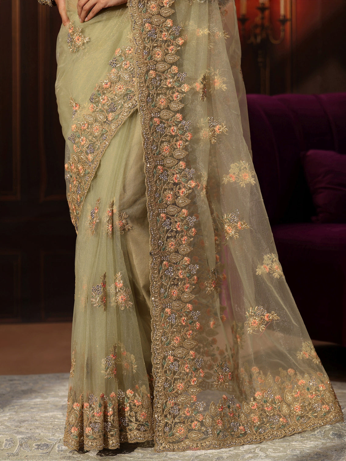Mameraa Pista Green Floral Embroidered Net Saree