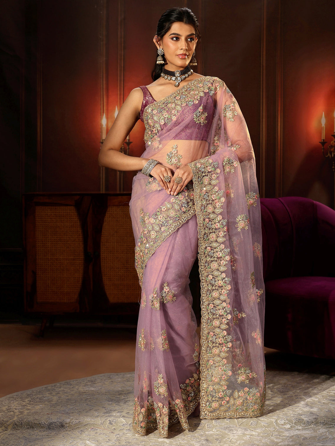 Mameraa Lilac Floral Embroidered Net Saree