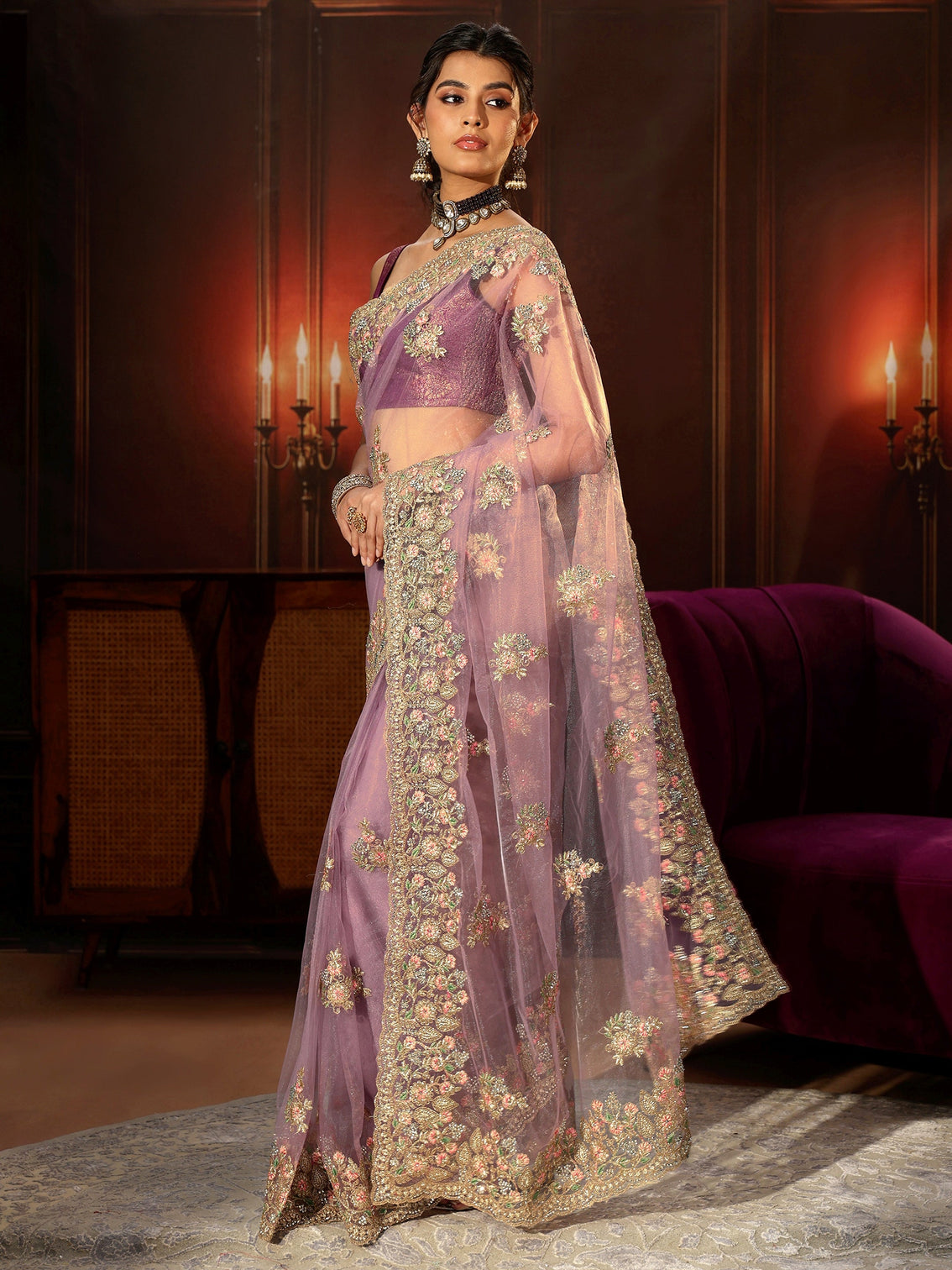 Mameraa Lilac Floral Embroidered Net Saree