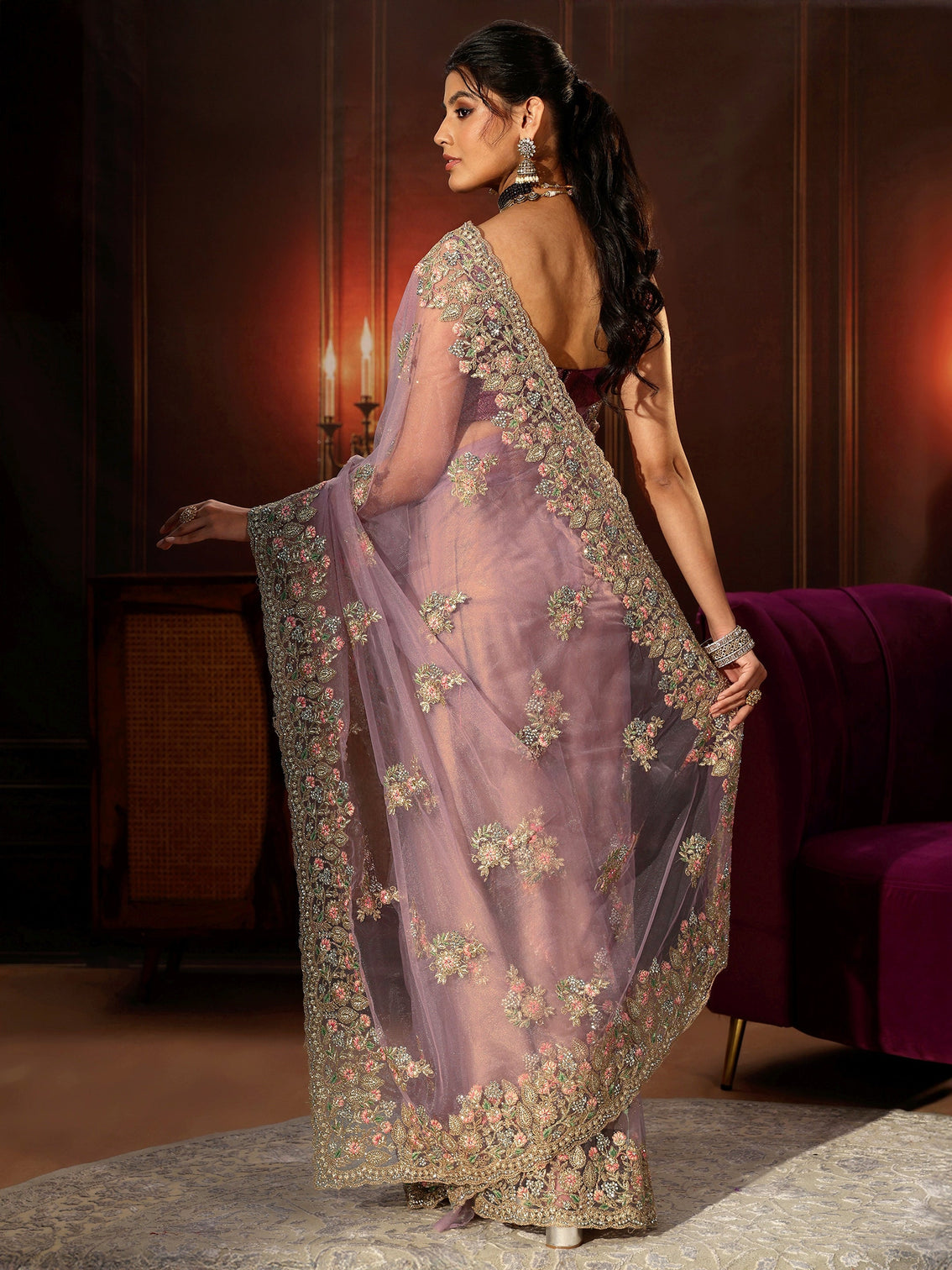 Mameraa Lilac Floral Embroidered Net Saree
