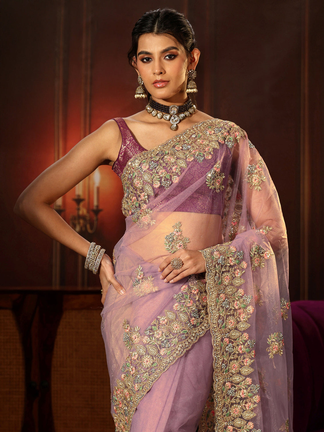 Mameraa Lilac Floral Embroidered Net Saree