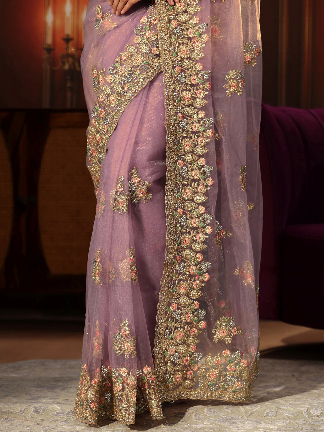 Mameraa Lilac Floral Embroidered Net Saree