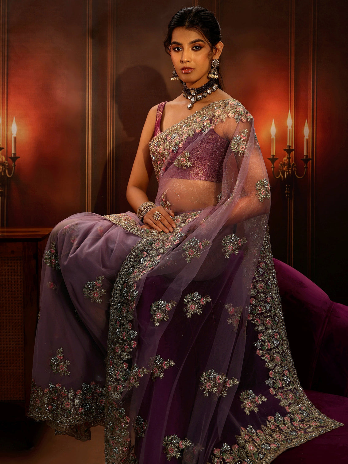 Mameraa Lilac Floral Embroidered Net Saree