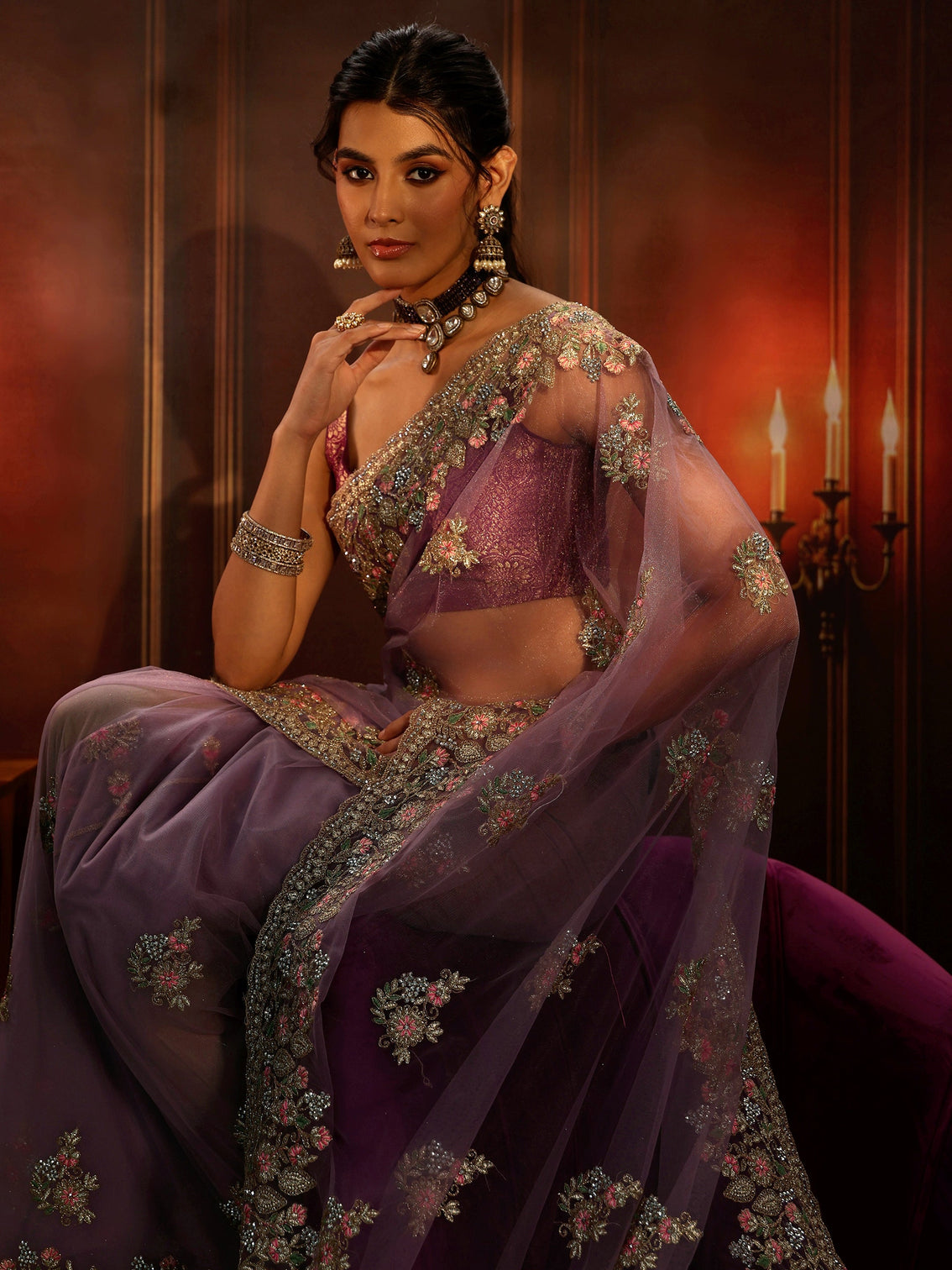 Mameraa Lilac Floral Embroidered Net Saree