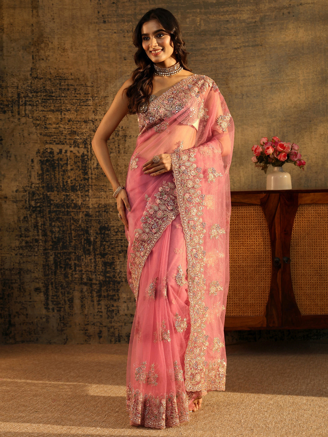 Mameraa Baby Pink Floral Embroidered Net Saree