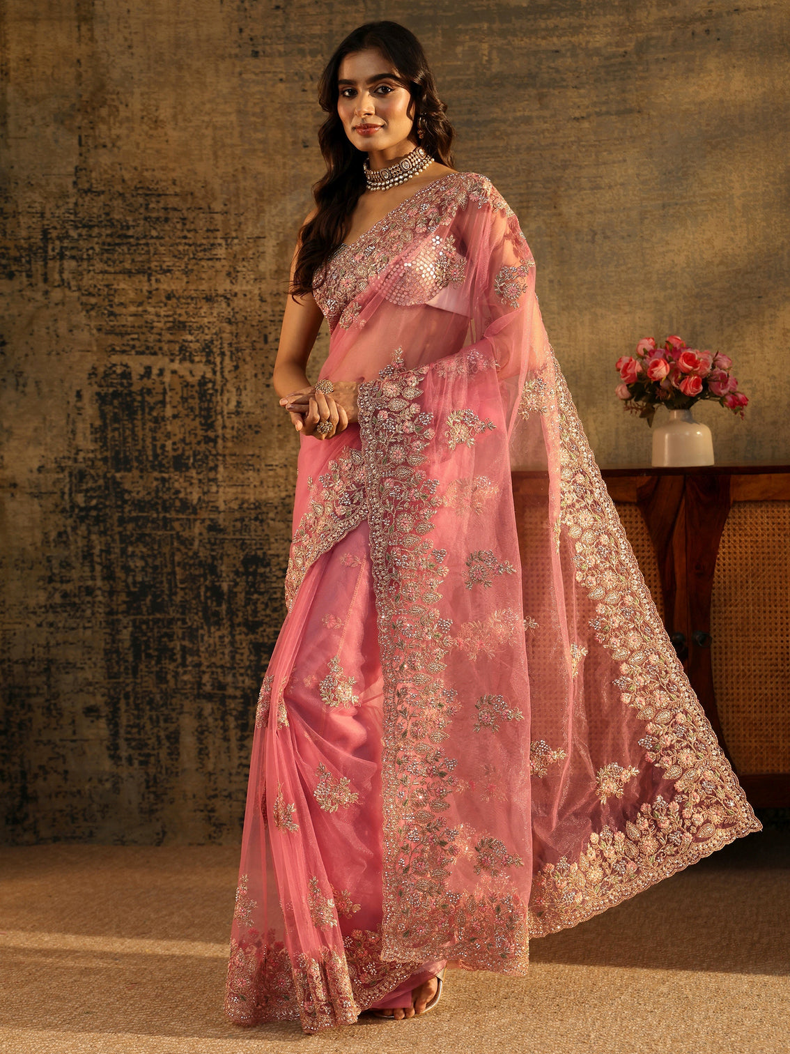 Mameraa Baby Pink Floral Embroidered Net Saree