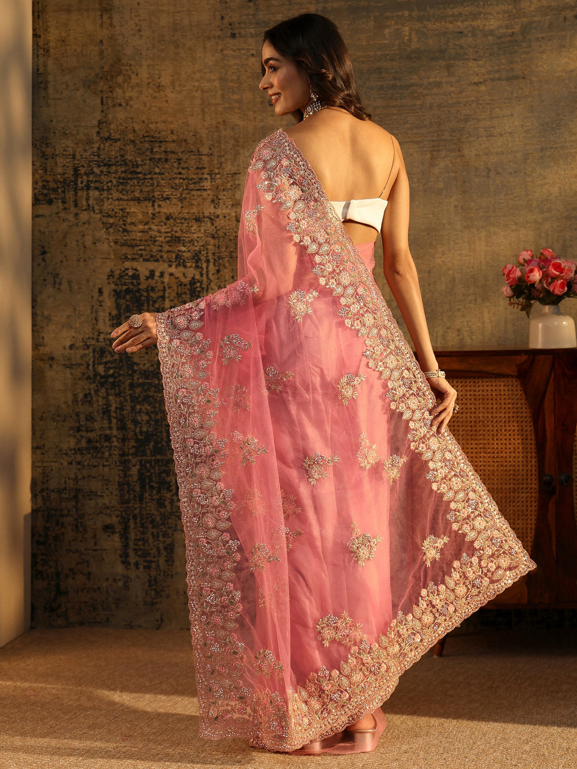 Mameraa Baby Pink Floral Embroidered Net Saree