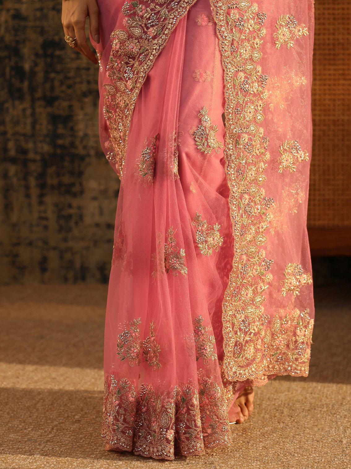 Mameraa Baby Pink Floral Embroidered Net Saree