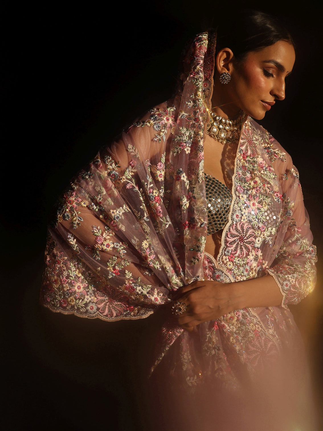 Mameraa Lavender Floral Embroidered Net Saree
