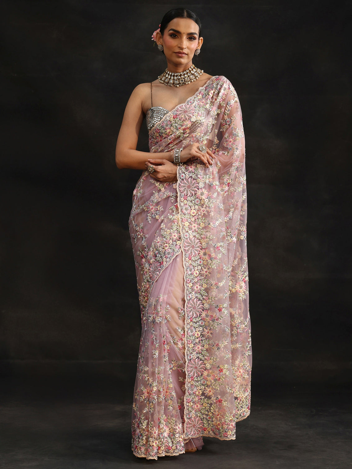 Mameraa Lavender Floral Embroidered Net Saree