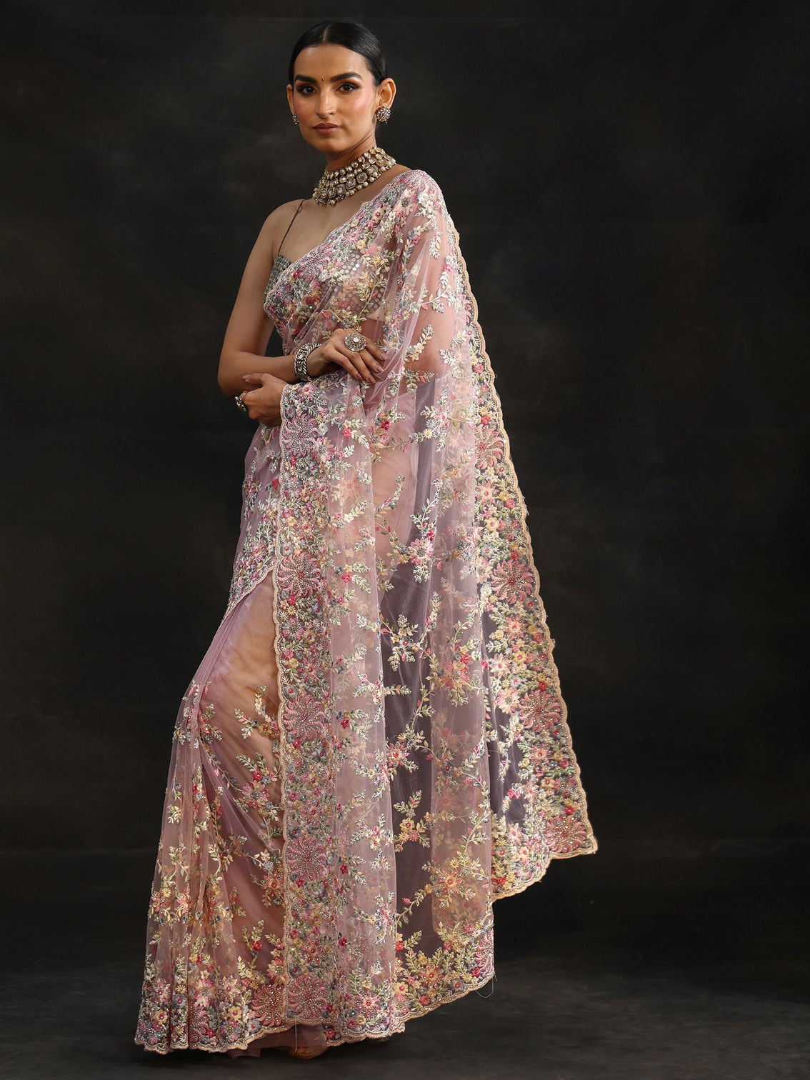 Mameraa Lavender Floral Embroidered Net Saree