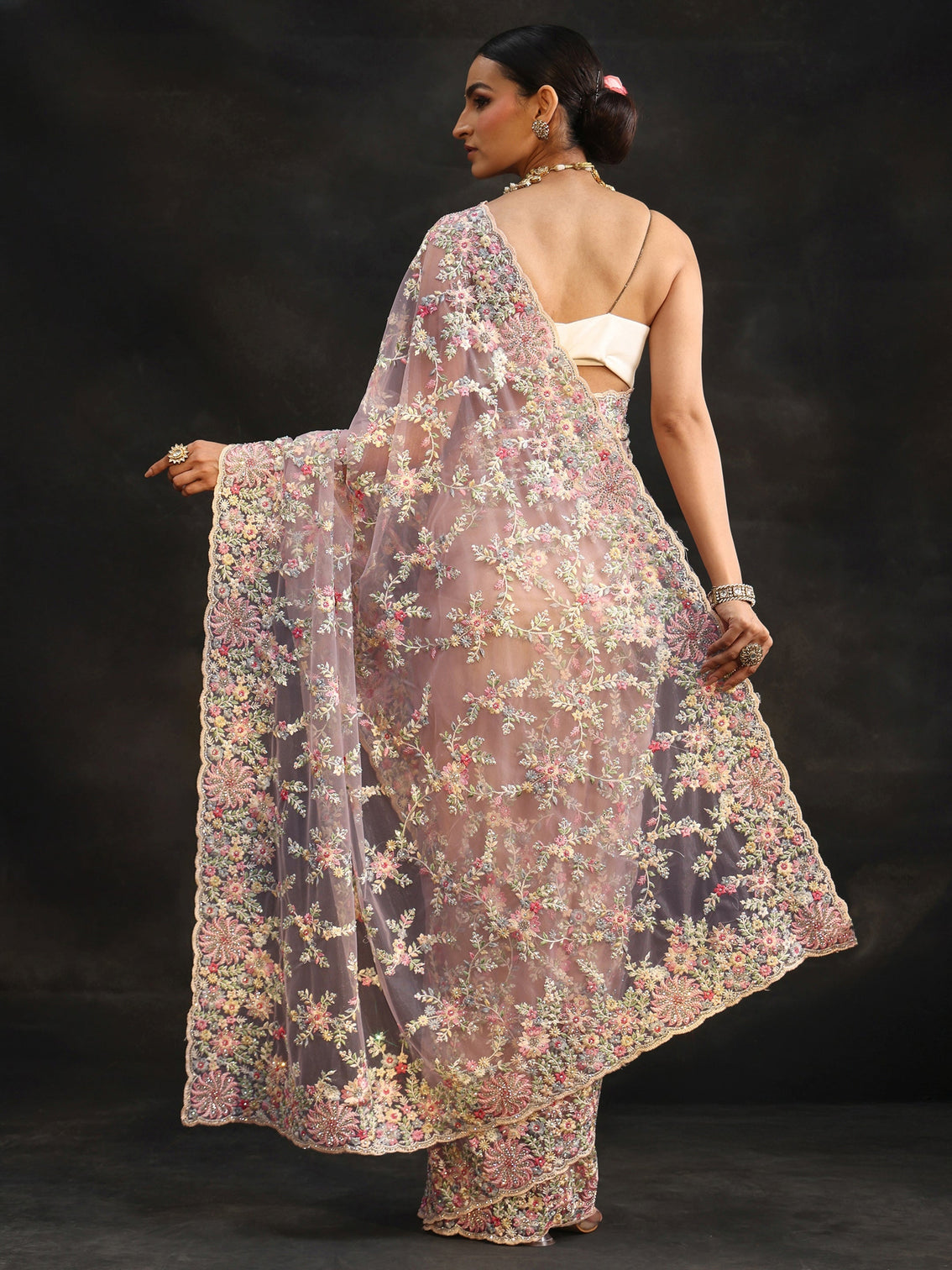 Mameraa Lavender Floral Embroidered Net Saree